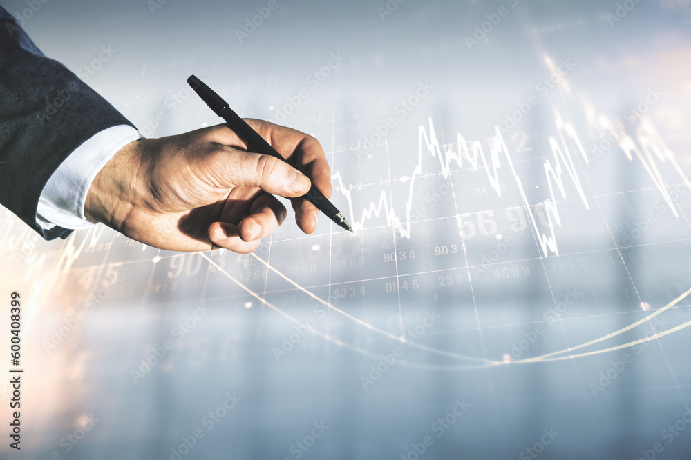 Aufkleber multi exposure of trader hand with pen working with virtual abstract financial graph interface on bl