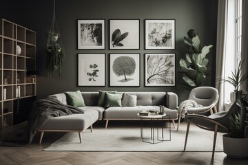 An ash gray interior with furniture, plants, and picture frames to display posters. Generative AI
