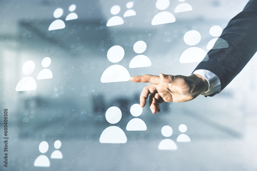 Poster man hand clicks on abstract virtual social network hologram on blurred office background. double exp