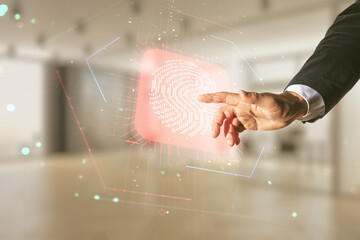 Double exposure of male hand presses on virtual creative fingerprint hologram on blurred office background, research and development concept