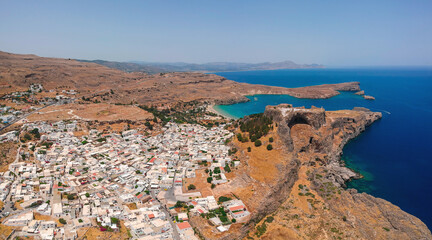 Fototapeta premium Landscape of village Lindos and castle, Rhodes island, Greece, Europe