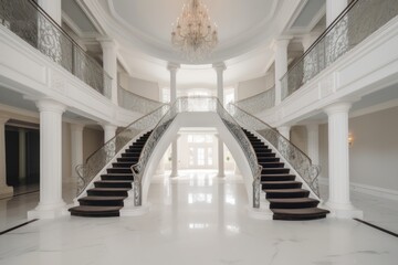 Luxury white mansion interior. Beautiful illustration picture. Generative AI