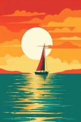 Naklejka premium Minimalistic colorful modern artwork of a sailboat. Beautiful illustration picture. Generative AI