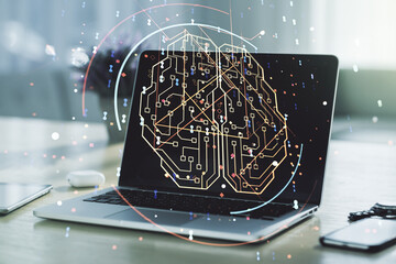 Creative artificial Intelligence concept with human brain hologram on modern laptop background. Multiexposure
