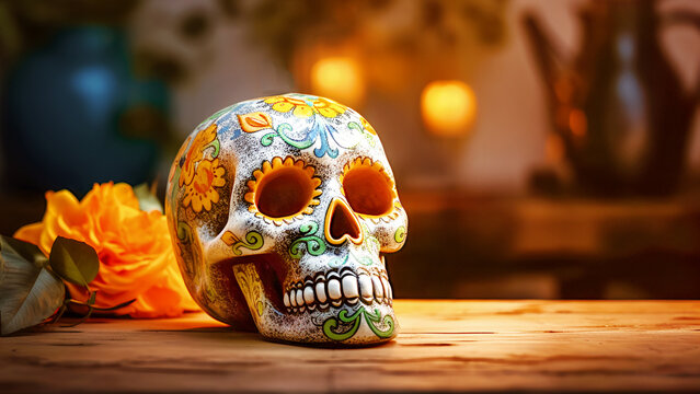 Painted human skull for Mexico's Day of the Dead, El Dia de Muertos, halloween pumpkins and flowers on wooden table on blurred interior background with lantern. Empty space. Generative ai