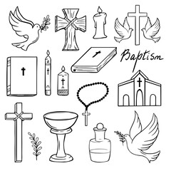 Black set of baptism related icons. Christian religion icons