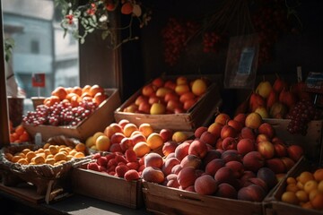 A market stall selling a variety of freshly picked fruits. Generative AI