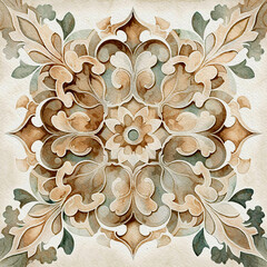 Watercolor vintage mosaic tile background in delicate beige color. Abstract floral azulejo in spanish or moroccan style. Generative AI