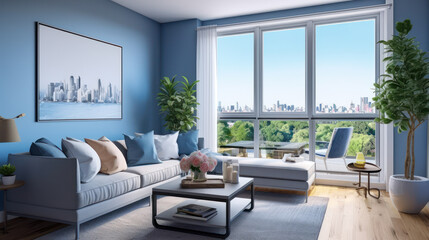 Fototapeta premium Serene Blue Living Room with Scenic View. Generative AI