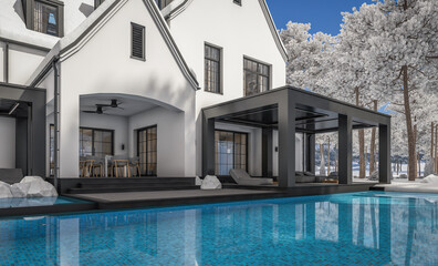 3d rendering of cute cozy white and black modern Tudor style house with parking  and pool for sale or rent with beautiful landscaping. Fairy roofs. Cool winter day with shiny white snow.