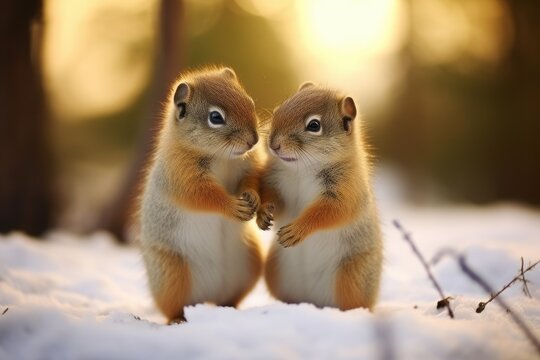 Two gophers is outdoors, winter time. Beautiful illustration picture. Generative AI
