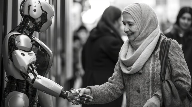 Futuristic robot shakes the hand with old woman. Beautiful illustration picture. Generative AI