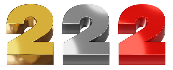 Number 2, red golden silver Realistic 3D rendering