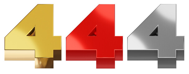 Number 4, red golden silver Realistic 3D rendering