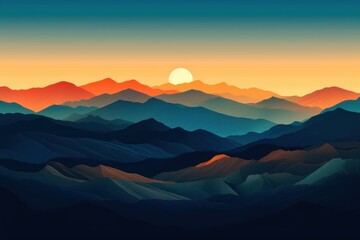 Birds eye view of the mountains sunset. Beautiful illustration picture. Generative AI