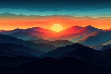 Fototapeta na wymiar Birds eye view of the mountains sunset. Beautiful illustration picture. Generative AI