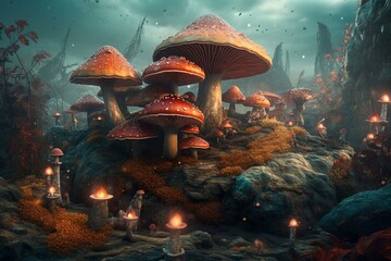 Colorful and imaginative mushroom landscape. Artistic watercolor art. Illustration. Generative AI