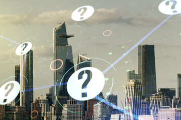 Double exposure of abstract virtual question mark hologram on New York city skyscrapers background. Sociology and psychology concept