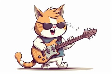 Cartoon style cat that is playing electric guitar. Beautiful illustration picture. Generative AI