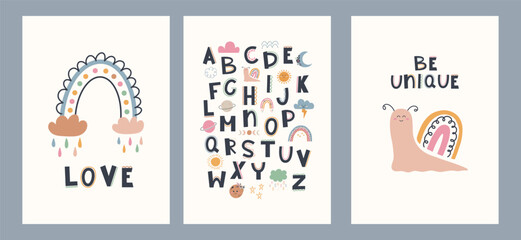 Cute hand drawn posters with rainbow, weather, education elements in boho style. Cartoon doodle print with Alphabet for nursery. Design for card, label, brochure, book cover, poster, flyer, banner © anya