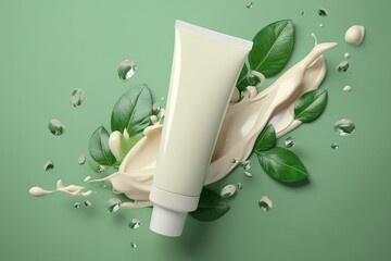 Mockup of natural cosmetic tube with cream on green leaves background.  Skin care organic products. AI Generative.