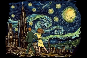 Post-impressionism style. Couple have a walk in the modern city. Beautiful illustration picture. Generative AI