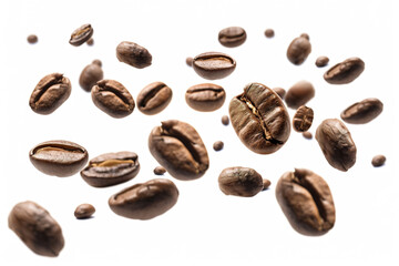 Falling roasted coffee beans isolated on white background with selective focus
