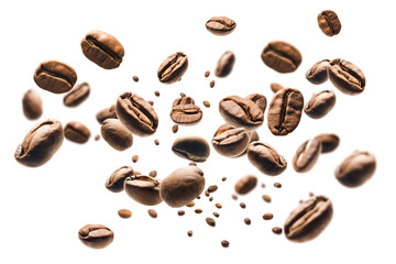 Falling roasted coffee beans isolated on white background with selective focus