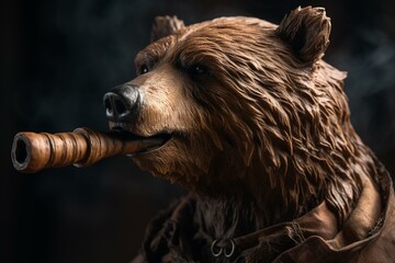 Bear wearing a wooden pipe in its mouth. Generative AI
