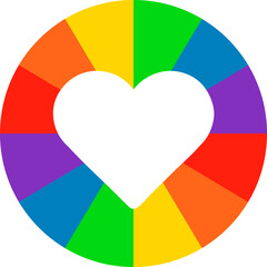 White Heart on Shining LGBT Rainbow Circle. Pride Month Symbol. LGBT Flag. LGBTQ+ Sign. LGBTQIA Parade Event. Colorful Shape Isolated.