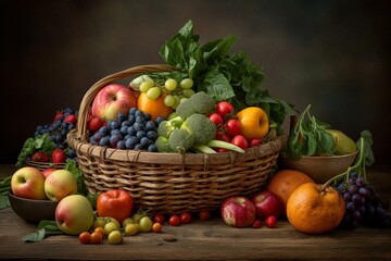 Colorful basket of produce depicted in watercolors. Generative AI