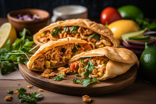 Chicken Taco Pockets mexican party mexican food on the black backgraund, generativ ai