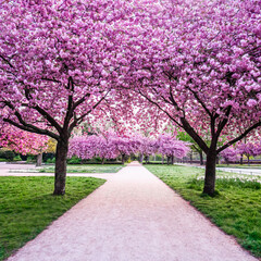 Weg in einem Park umgeben von blühenden Kirschblütenbäumen, 1:1