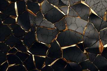 Full frame vantablack surface with golden diagonal cracks, top view. ai