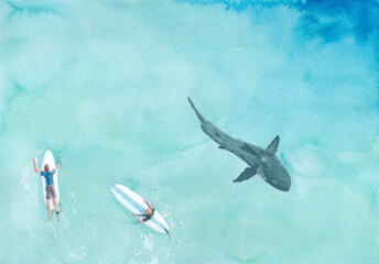 Watercolour painting of aerial view of surfers and a shark below the water minding it's own business.