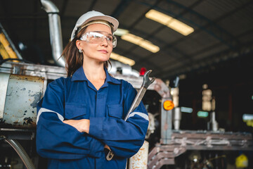 Fototapeta premium Professional engineer women worker or mechanical foreman working to maintenance and check in factory warehouse, engineering women training workshop for factory operators, Business factory industry.