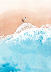 Watercolour painting of an aerial view of a surfer walking along the beach
