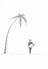 Pen and ink drawing of a female surfer walking to the sea.