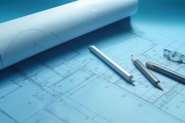 Drawing tools on blueprint paper. Beautiful illustration picture. Generative AI