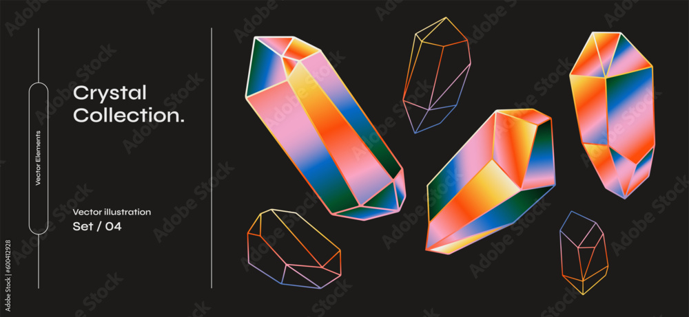 Leinwandbilder Set of crystals drawn with thin lines and covered with gradients. Set of gems or minerals. Collec􀆟on of irregular geometric shapes on a dark isolated background. Graphic elements for your design.