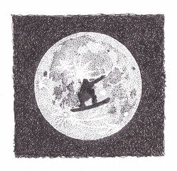 Illustration of a snowboarder's silhouette against the moon