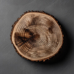 Rustic wooden slice with empty space for menu card or wedding invitation. Country wood ring top view flatlay on solid background. Generative AI