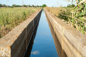 Canal de riego agrícola transportando agua por los campos de cultivo.