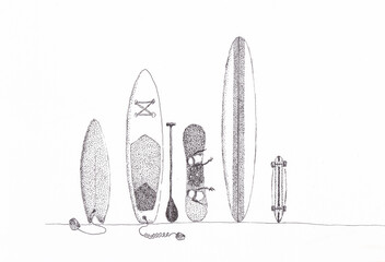 Pen and ink drawing of a quiver of boards for surf, snow, skate and paddle