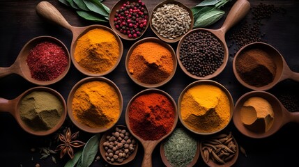Obraz na płótnie Canvas Spices and herbs on wooden table, Generative AI