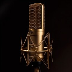 Golden colored studio condenser microphone. Beautiful illustration picture. Generative AI