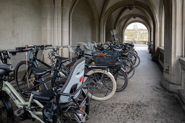 City bike racks or public bicycle parking in Zurich city Switzerland. Many bikes, wide angle, no people