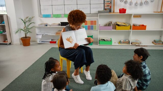 Female elementary school teacher holding book and reading story to class  - shot in slow motion