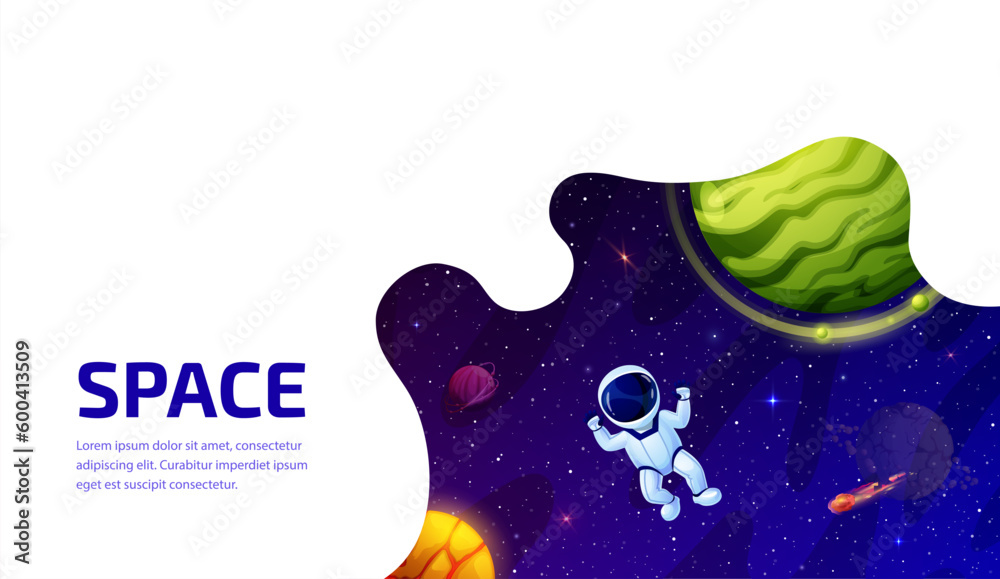 Poster space landing page. cartoon astronaut in outer space of alien galaxy with fantasy planets, asteroids
