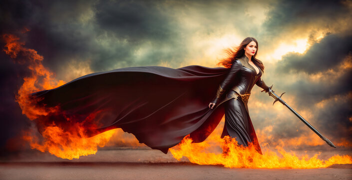 A beautiful pyromancer woman dressed in black holding a sword.